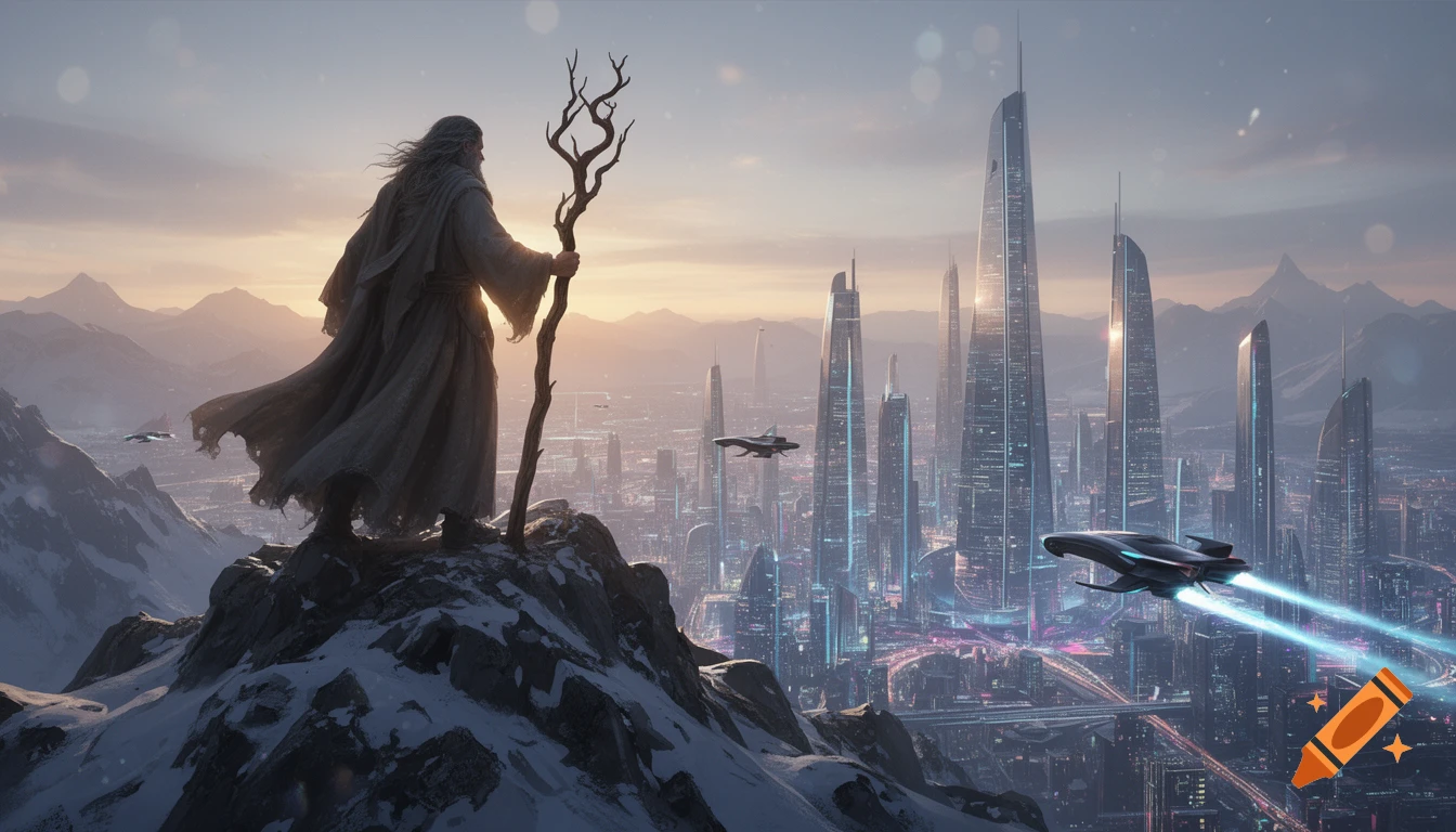 A robed figure with a staff stands on a snowy mountain peak, looking down at a vast, futuristic city with flying vehicles at sunset.