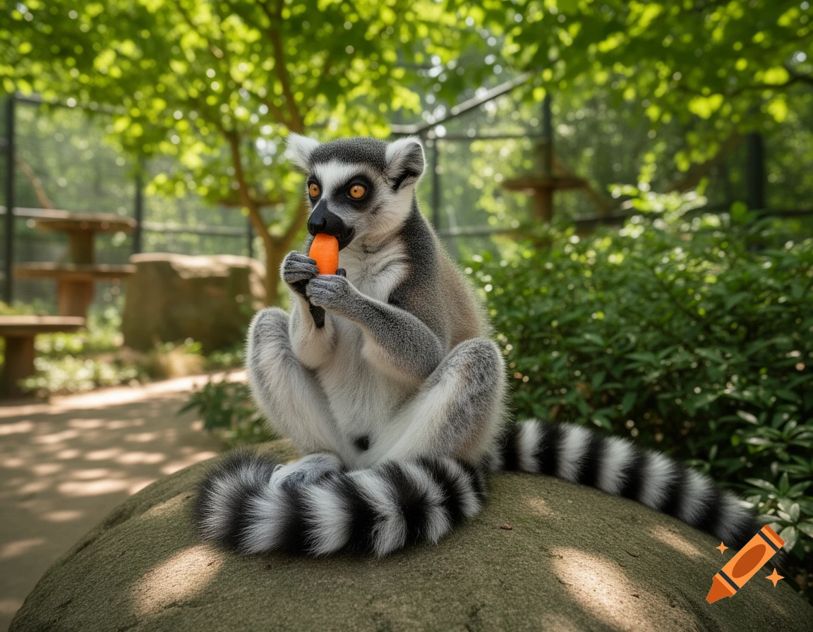 A photorealistic ring-tailed lemur sits on a rock, eating a carrot in a sunny zoo enclosure.