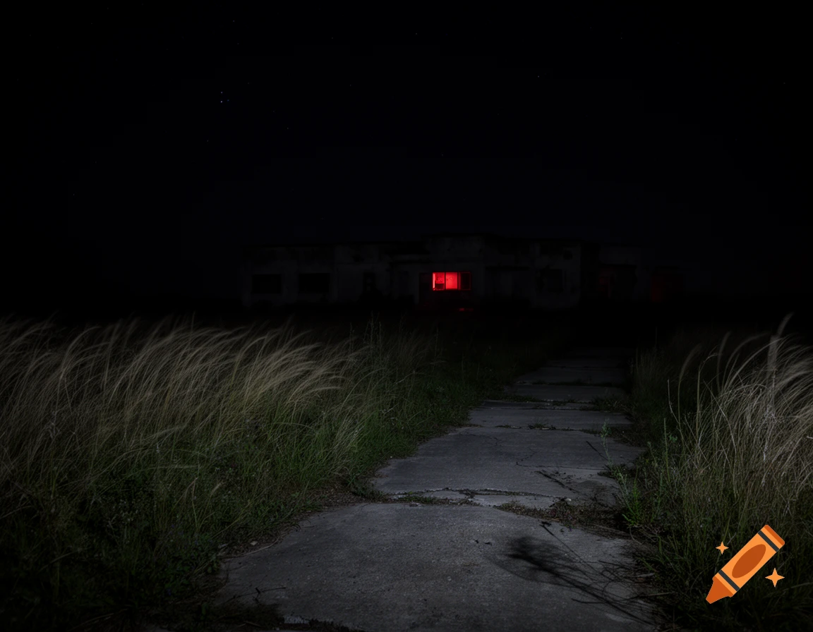 A dark, liminal night scene with an overgrown concrete path leading to a dilapidated abandoned building with a single red glowing window.