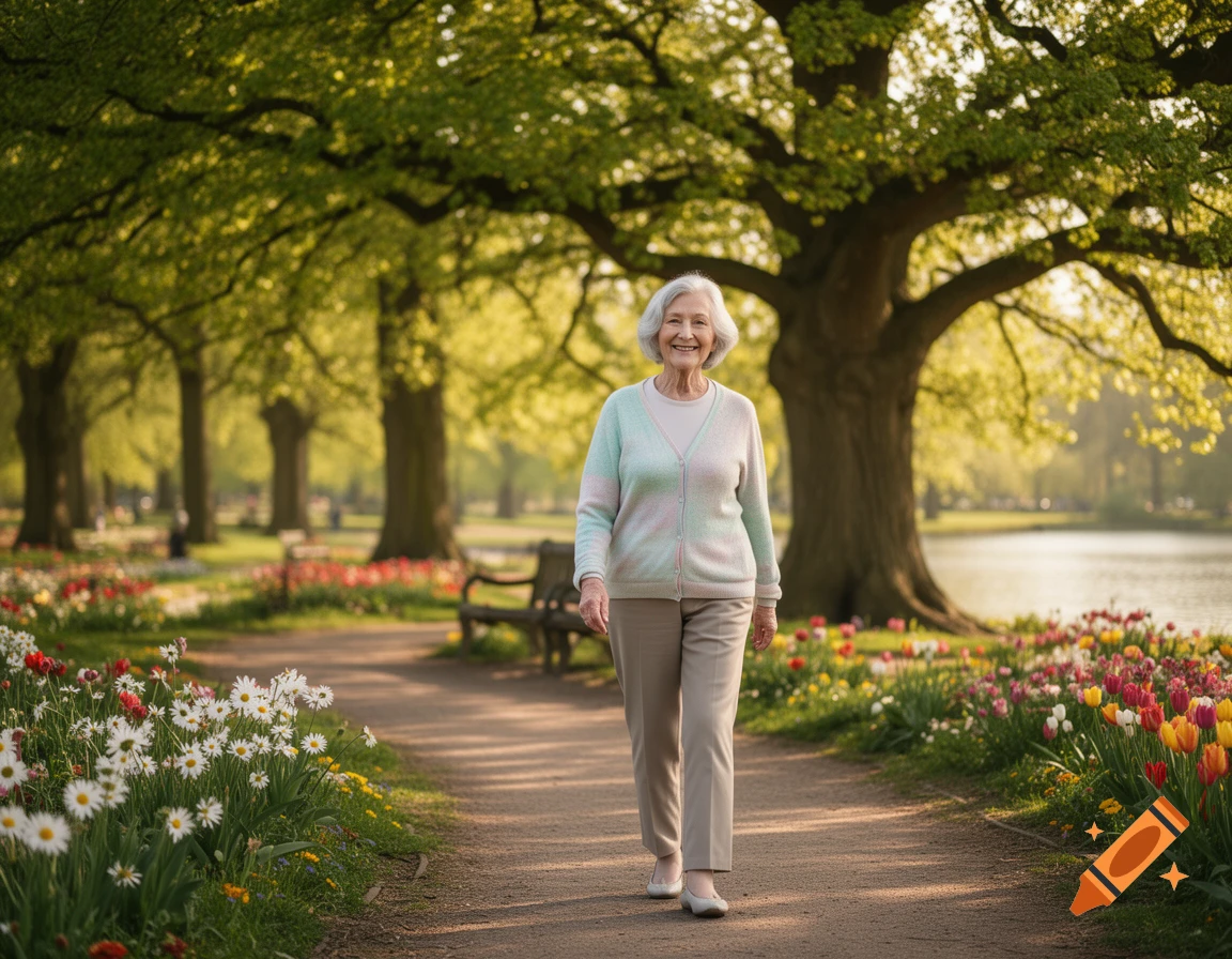 An elderly woman with white hair smiles while walking on a path in a beautiful, sunlit park filled with trees and colorful flowers.