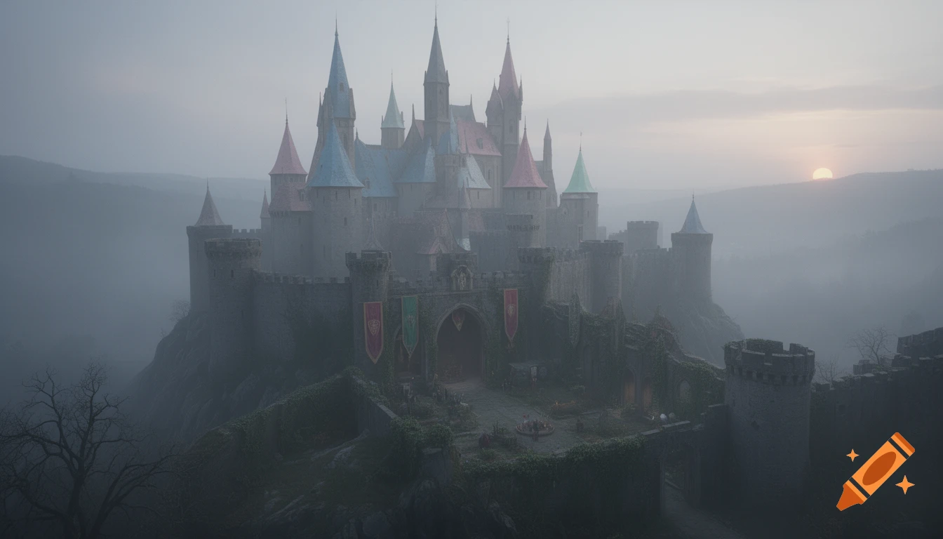 A sprawling, misty fantasy castle with numerous spires and towers, featuring faded pastel roofs, perched on a rocky promontory at sunrise.