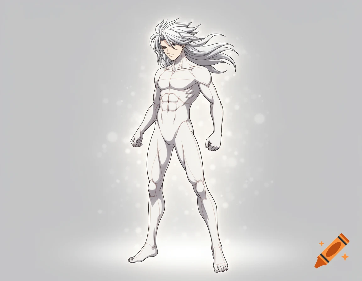 Anime drawing base of a muscular male character with white hair and determined expression, standing against a light grey background.