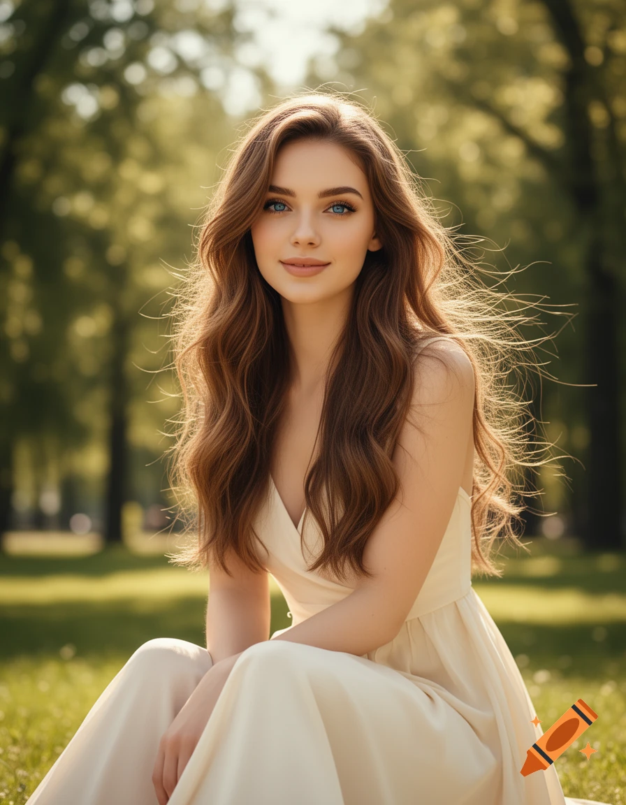 A smiling young woman with long brown wavy hair and blue eyes, wearing a white dress, sits in a sunny park.