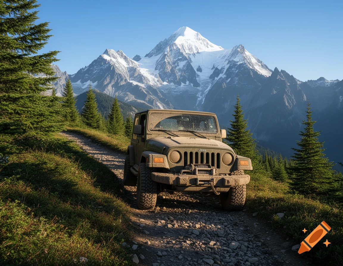 A dirty green Jeep Wrangler on a rocky trail with snow-capped mountains and pine trees under a clear blue sky.