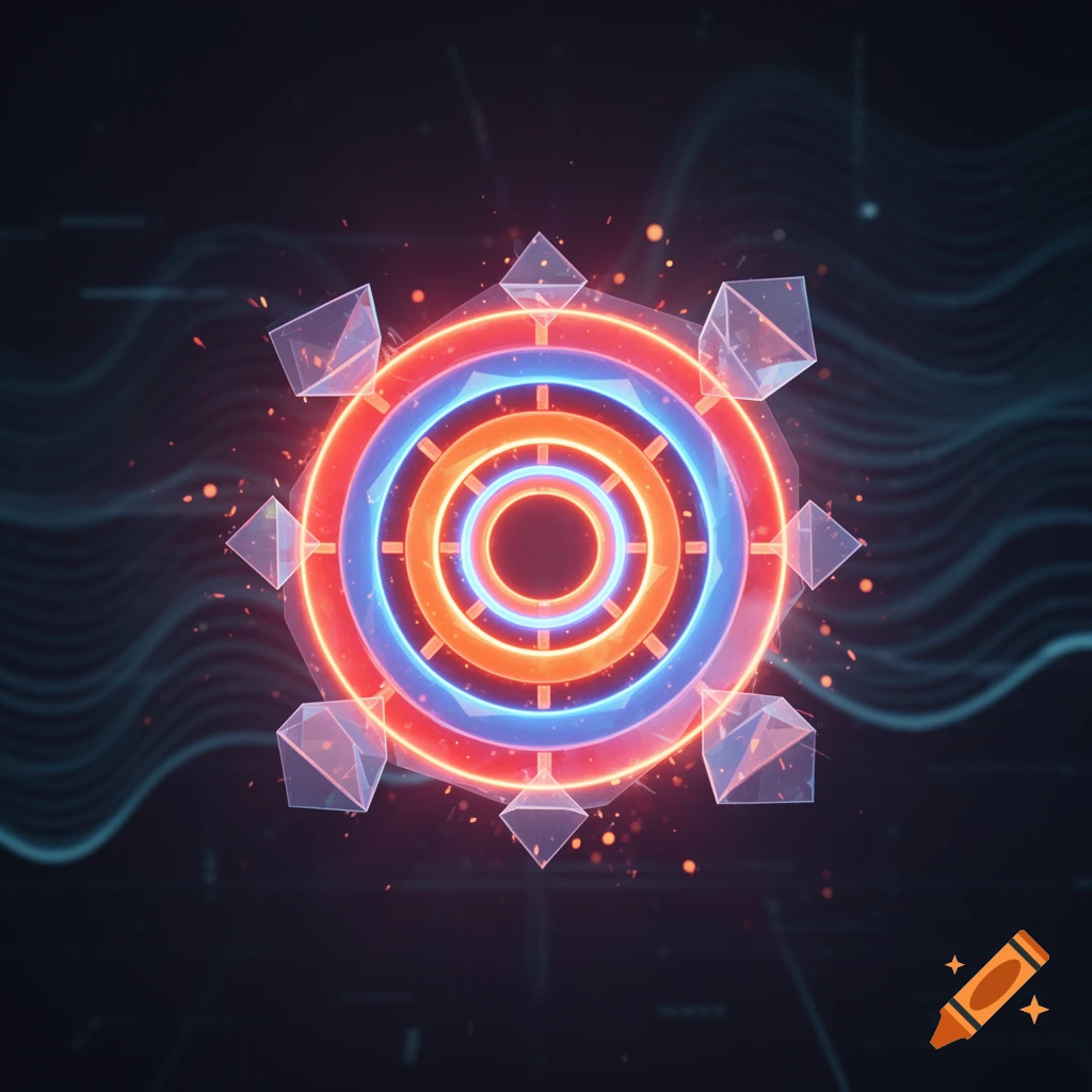 A glowing neon bullseye target with red, orange, and blue concentric rings, surrounded by translucent geometric shapes on a dark, wavy background.