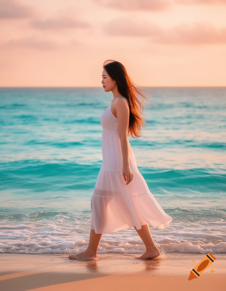 Asian woman in a white dress walking barefoot on a beach with foamy waves and a sunset sky.
