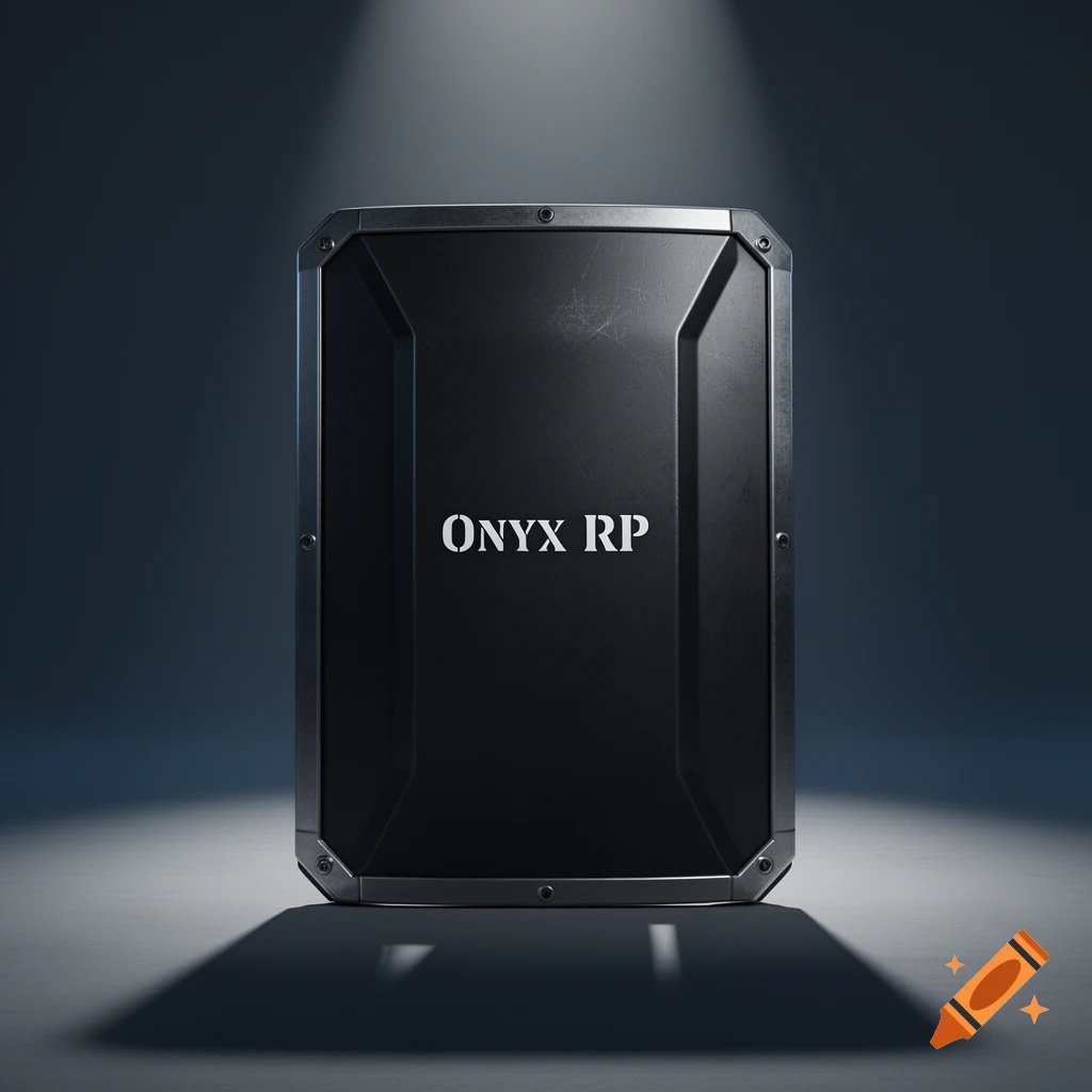 A dark, metallic tactical shield with 'ONYX RP' text under a spotlight, casting a dramatic shadow.