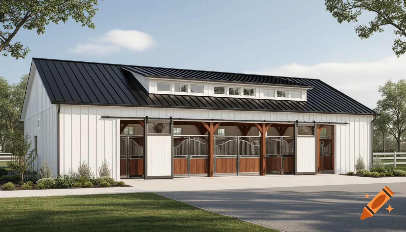 A luxury contemporary white horse stable with a black metal roof, clerestory windows, and sliding barn doors in a photorealistic style.