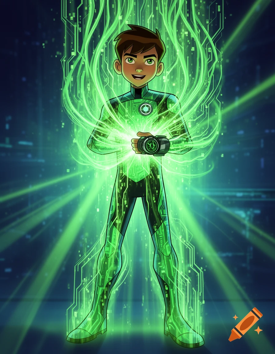 Ben Tennyson in a green and black suit, glowing with digital circuit patterns, holding an Omnitrix on his wrist.