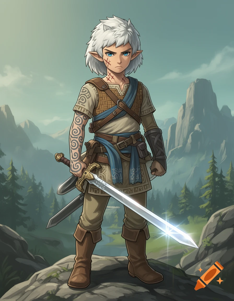 White-haired Hylian youth with blue eyes, scars, and spiral arm tattoos, stands holding a shining sword on a rocky mountain in a fantasy style.