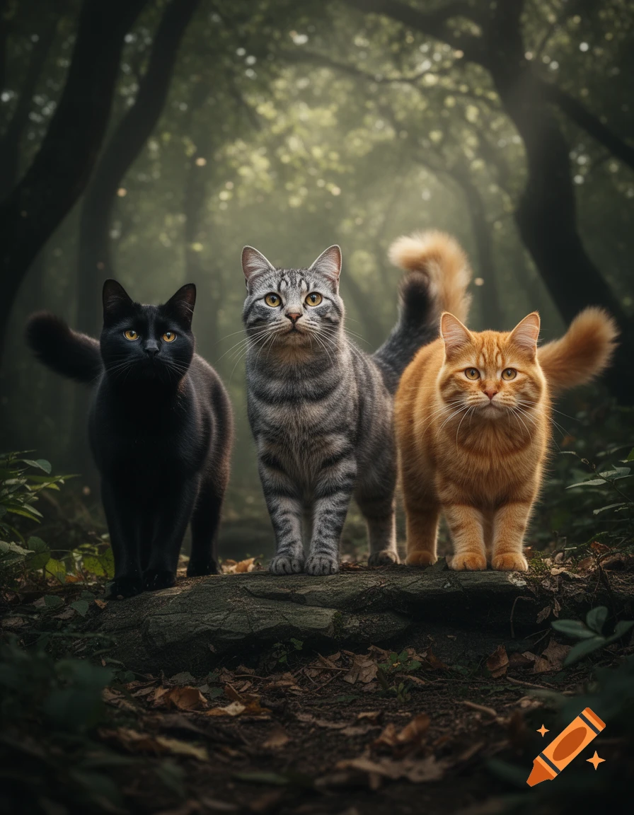 A black cat, a grey tabby, and an orange cat stand together on a mossy log in a misty, dark forest, in a photorealistic style.