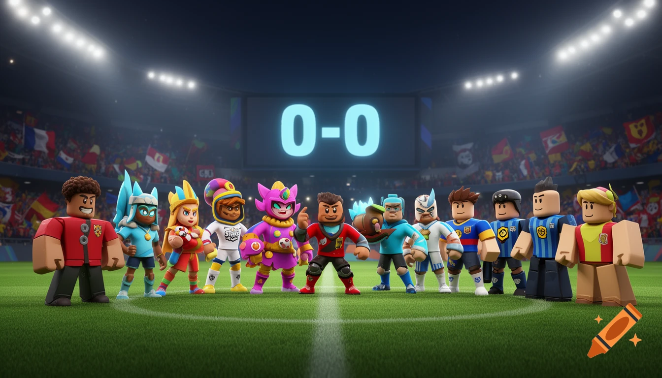 A line-up of cartoon-style characters from Roblox and Brawl Stars on a football pitch in a stadium with a scoreboard showing "0-0".