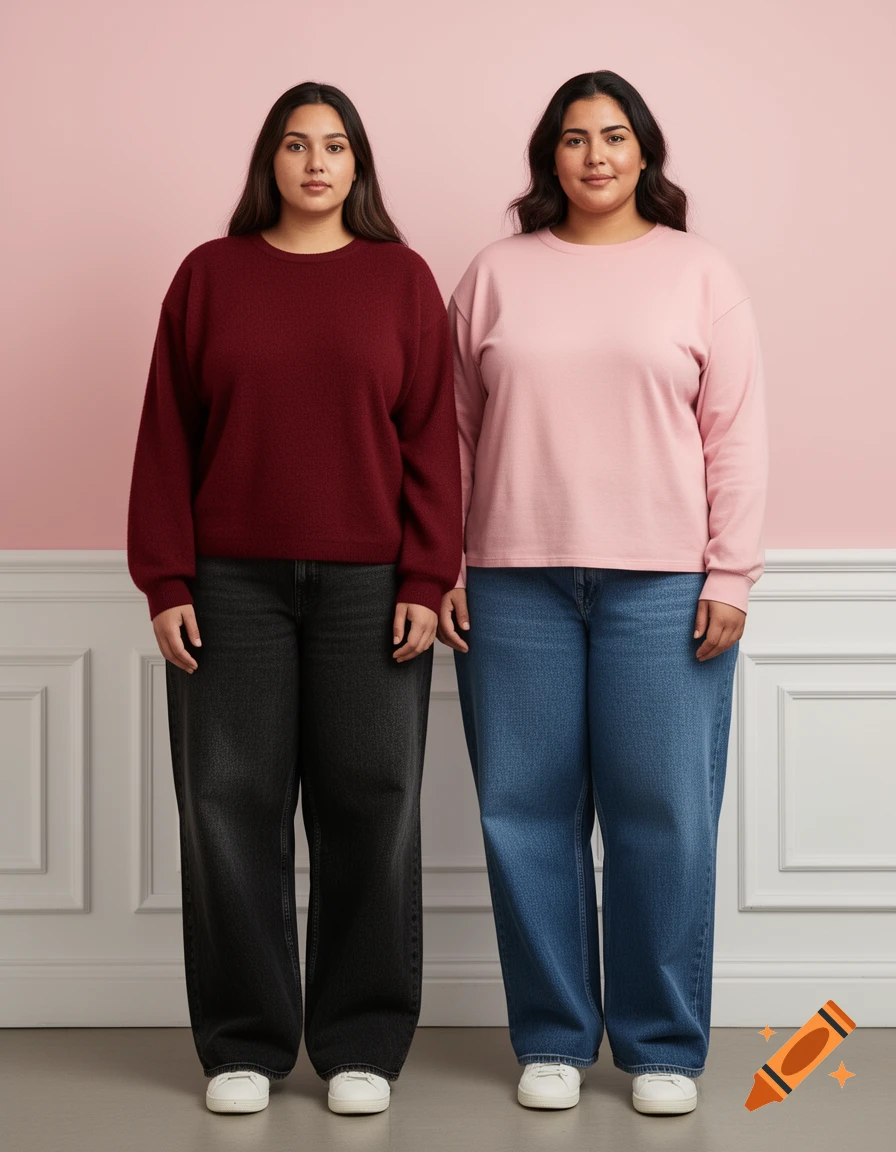Two full-figured women stand against a pink wall. The left woman wears a dark red sweater and black jeans, the right a pink top and blue jeans.