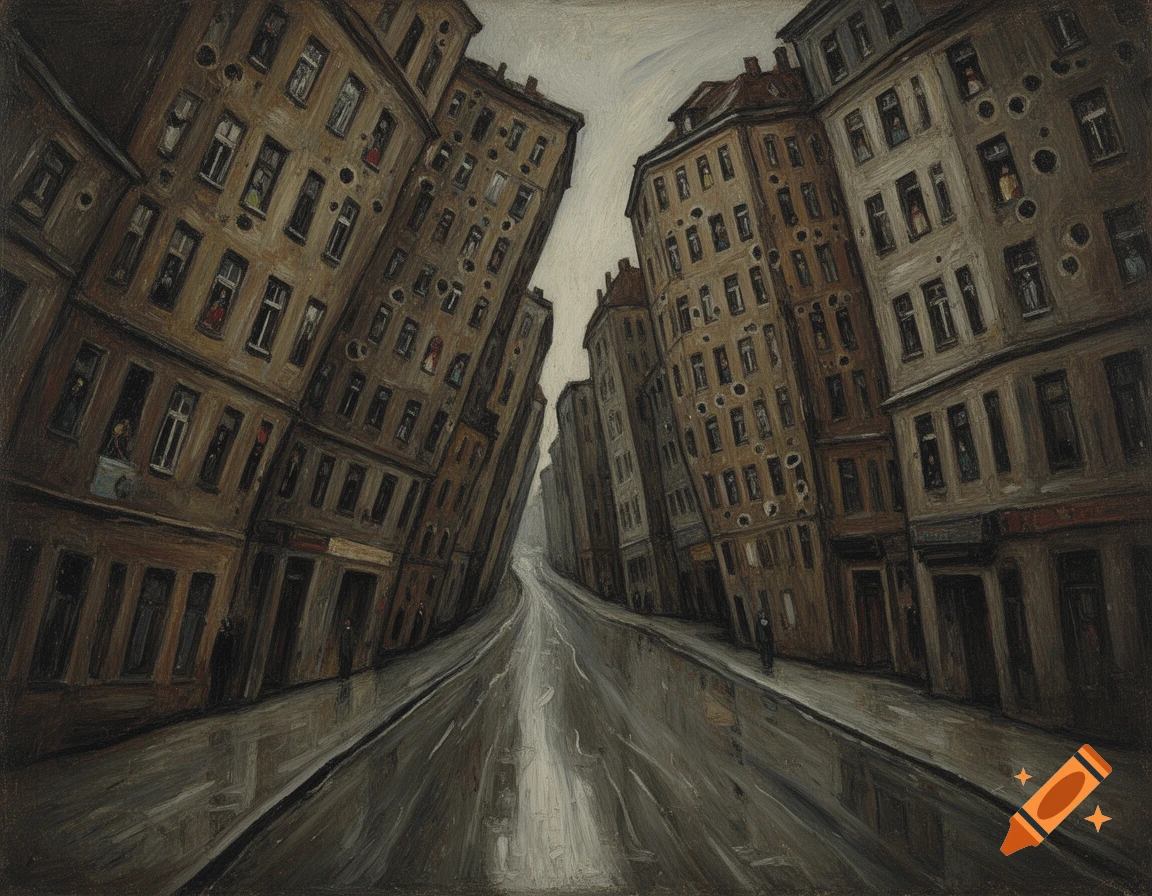 Expressionist oil painting of a dark, narrow, wet city street with tall, leaning apartment buildings and many windows.