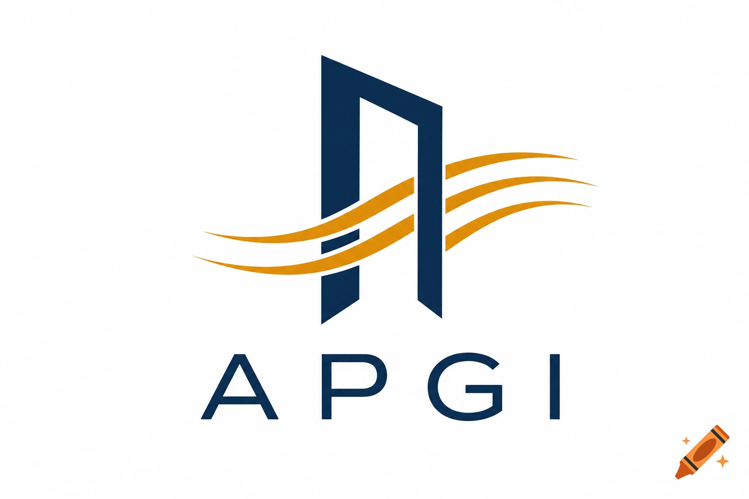 A minimalist logo featuring a dark blue geometric 'gate' intersected by three tapering orange wave lines, with the text 'APGI' below.