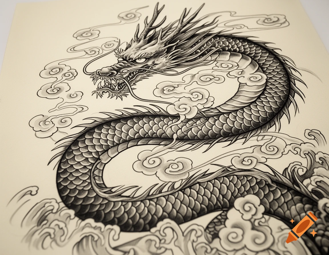 Detailed black and white illustration of a Japanese dragon with scales and horns, surrounded by stylized clouds and waves.