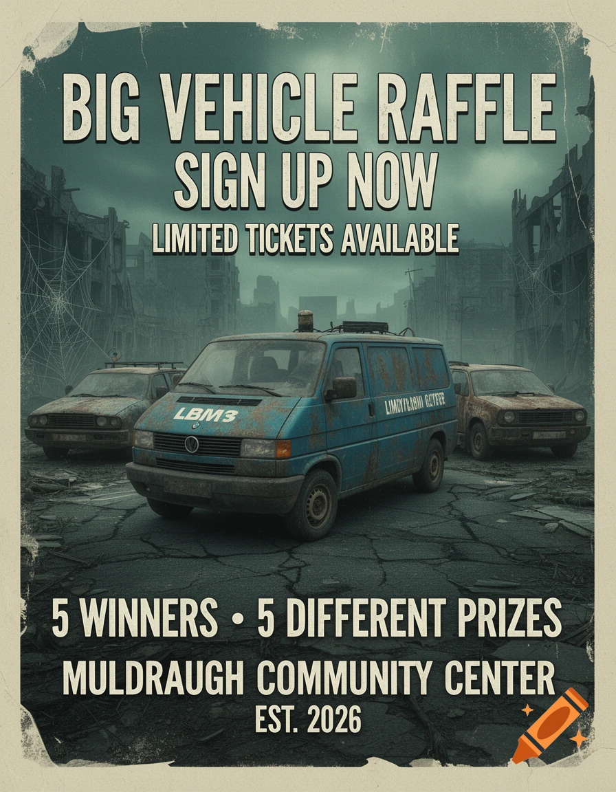 A distressed post-apocalyptic raffle poster for a 'Big Vehicle Raffle' with abandoned, rusty vans on a cracked street, surrounded by ruined buildings and cobwebs, in a muted teal and gray palette.
