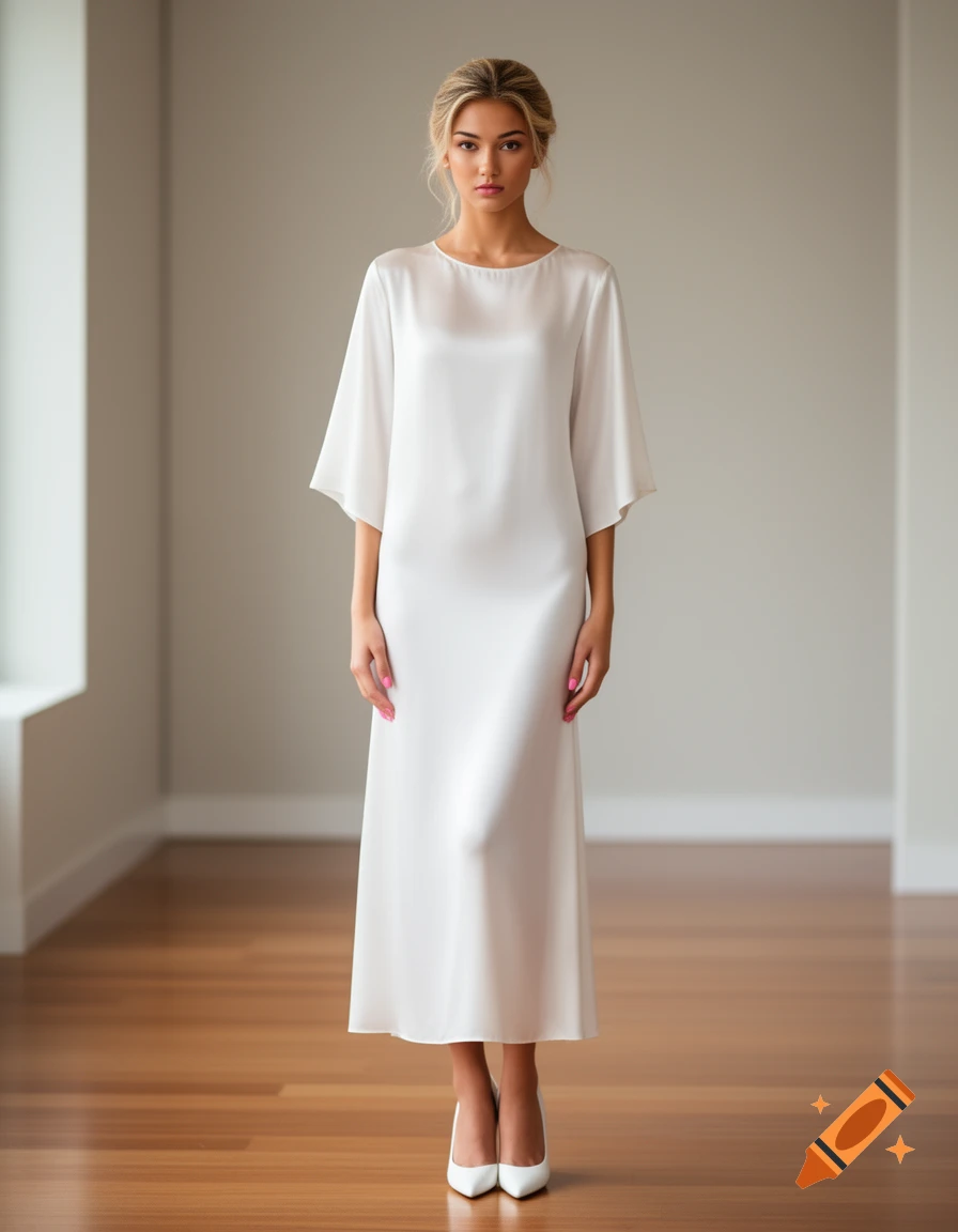 A woman in a white silk dress and white heels stands in a minimalist room with a wooden floor.