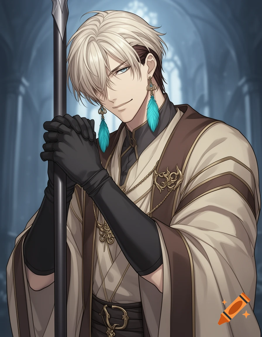 Handsome anime male warrior with platinum-blond hair, icy blue eyes, elegant robes, black gloves, turquoise feather earrings, holding a spear, cel-shaded anime illustration.