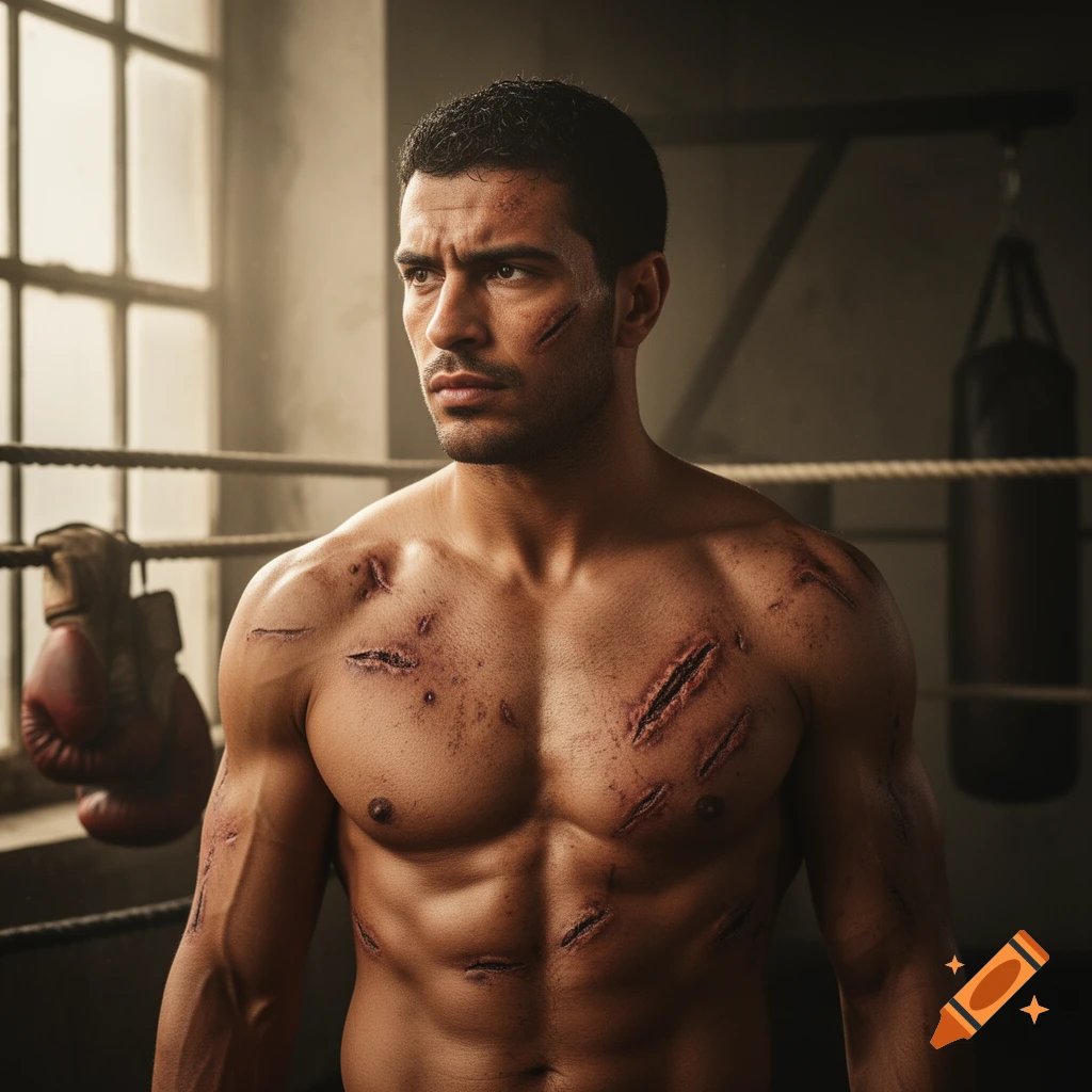 Photorealistic image of a shirtless, muscular man with many scars, looking intently from a boxing ring with a punching bag.