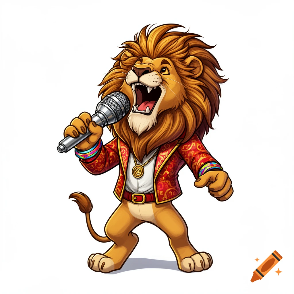 A cartoon lion wearing a red patterned jacket and a gold medallion, singing loudly into a microphone.