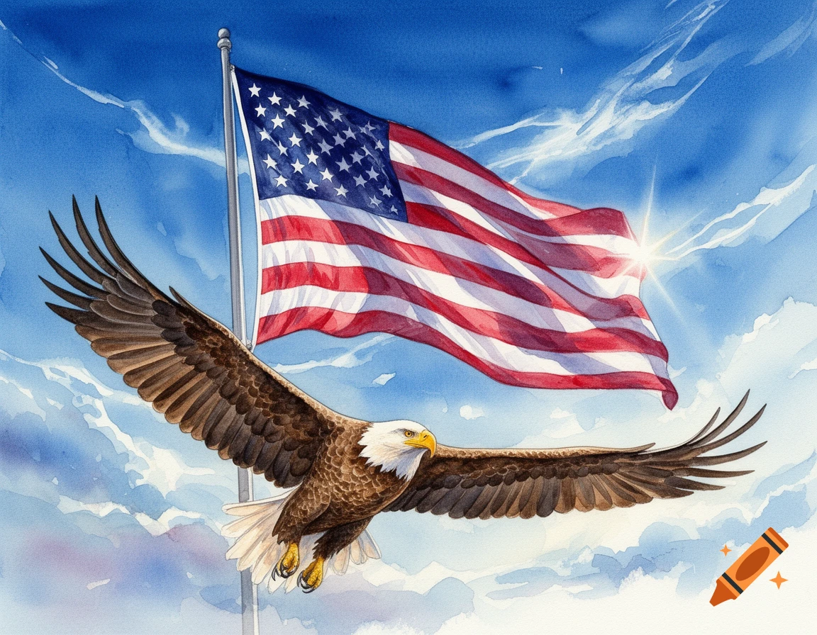 A bald eagle with outstretched wings flies below a waving American flag in a watercolor style against a blue sky.