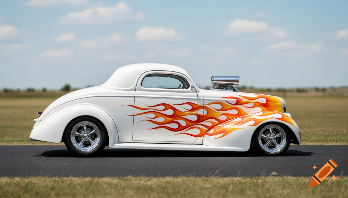 A gleaming white hot rod with a supercharger and bold orange and yellow flame paint scheme, parked on an asphalt road.
