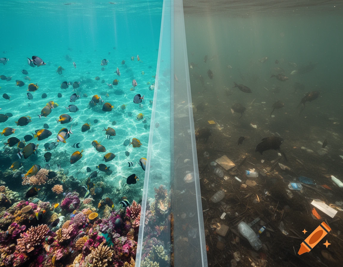 Split image of underwater scenes: one vibrant with coral and fish, the other murky with pollution and dead fish.