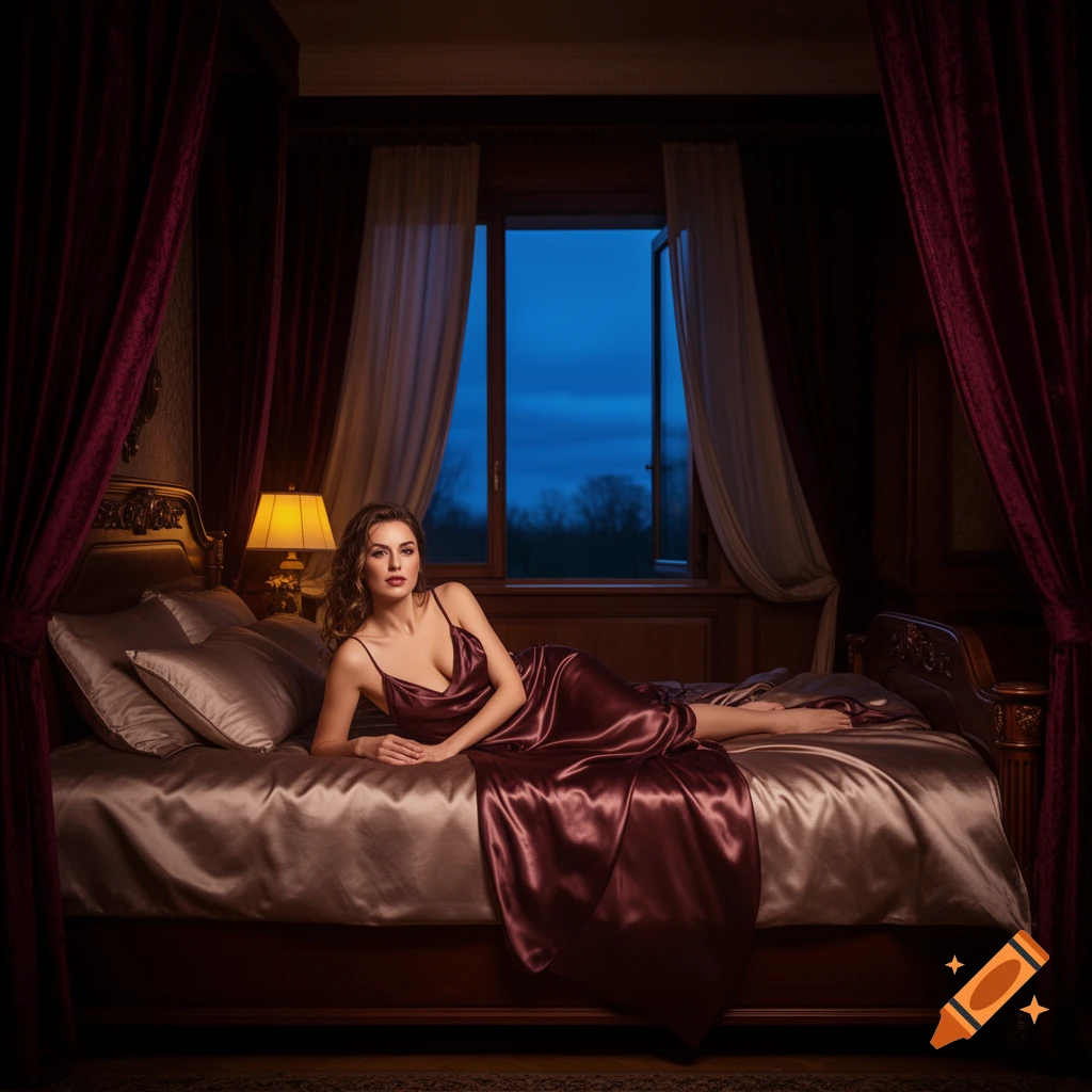 A woman in a burgundy satin slip reclines on a luxurious bed in a dimly lit bedroom, facing an open window at dusk.