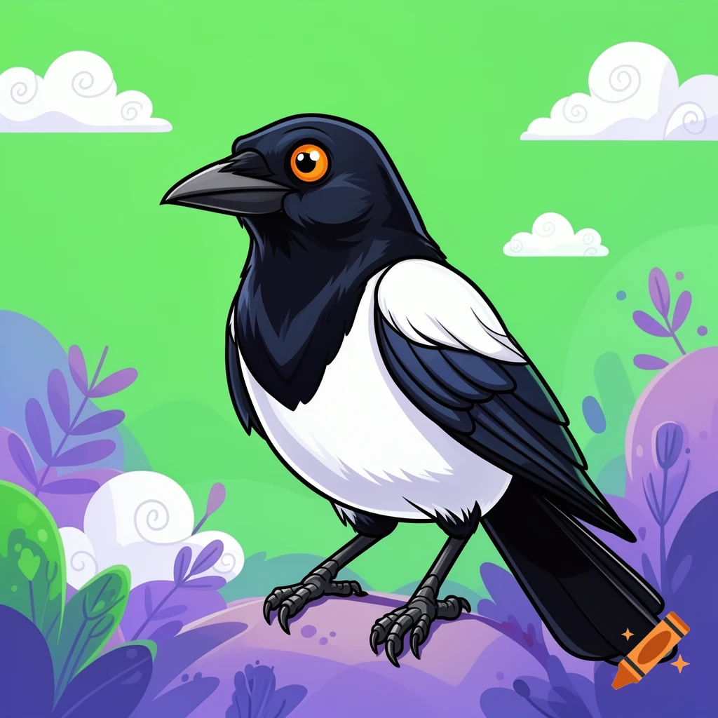 A cartoon magpie with black and white feathers and orange eyes, sitting on a purple rock amidst colorful foliage against a green sky.