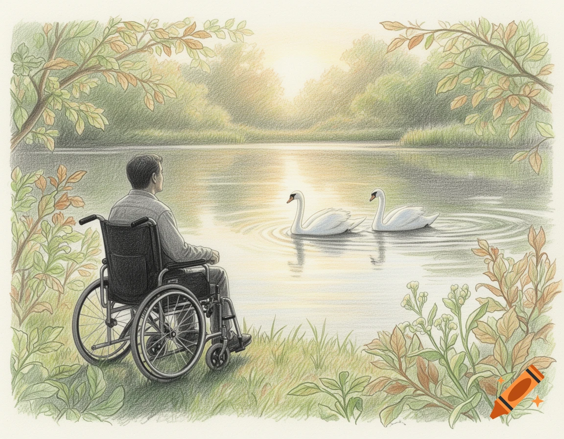 A man in a wheelchair sits by a serene lake, watching two swans swim. Colored pencil drawing.