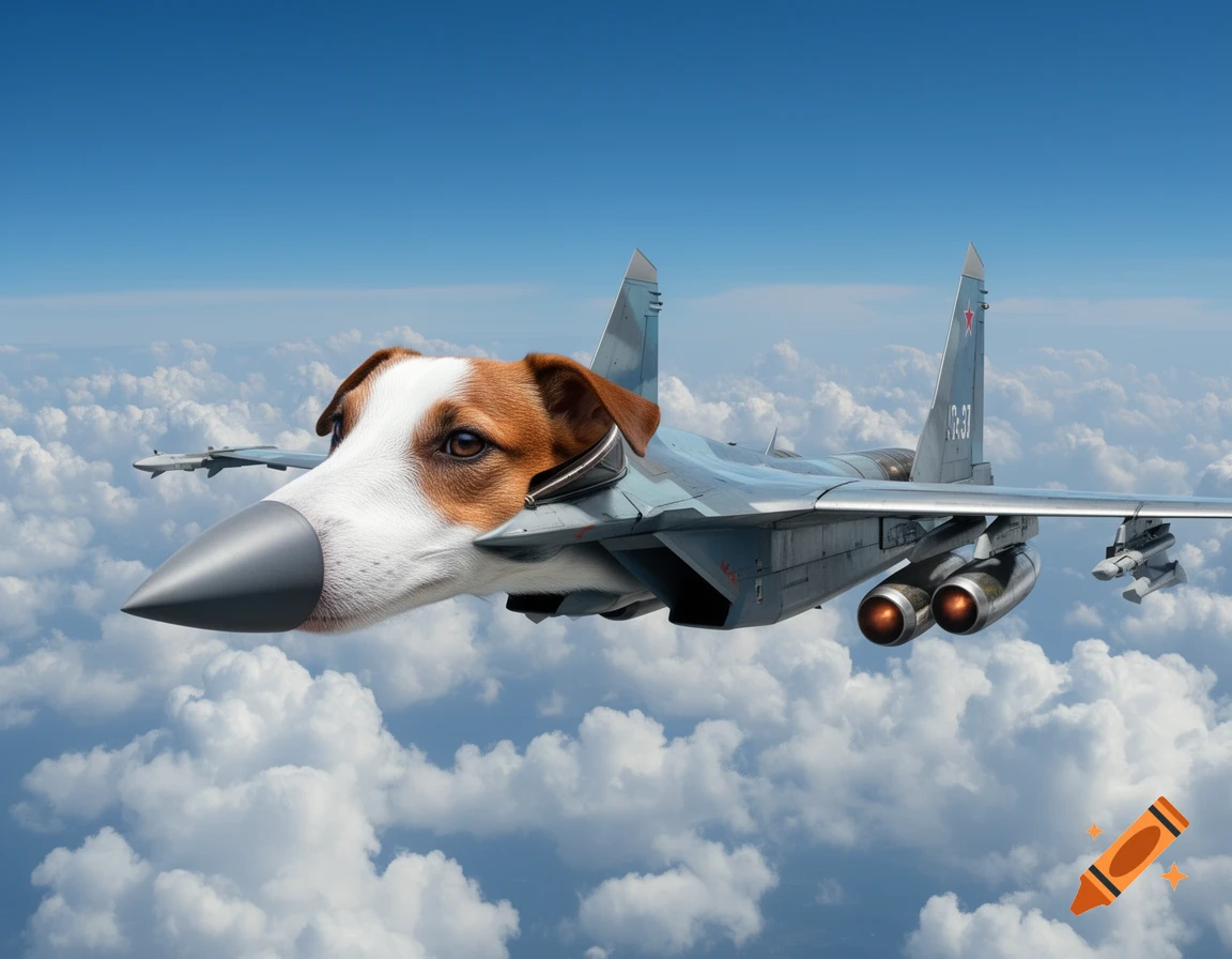 A photorealistic image of a Jack Russell Terrier's head seamlessly merged with the nose and cockpit of a fighter jet, flying among clouds.