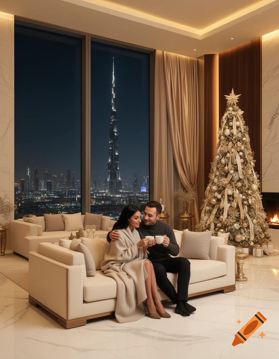 Photorealistic image of a romantic couple on a sofa in a luxurious Dubai penthouse with a Christmas tree and Burj Khalifa view at night.