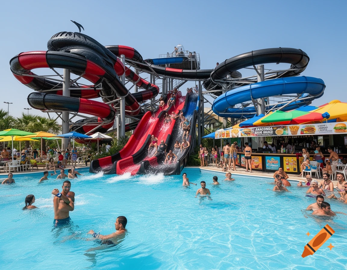 A busy water park scene with numerous people swimming in a pool and sliding down red, black, and blue water slides under a clear blue sky. A food stand with signs is on the right.