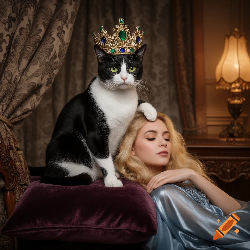 A regal tuxedo cat wearing a golden jeweled crown sits on a purple pillow, with one paw resting gently on the head of a blonde woman who is resting beside it in a luxurious setting.