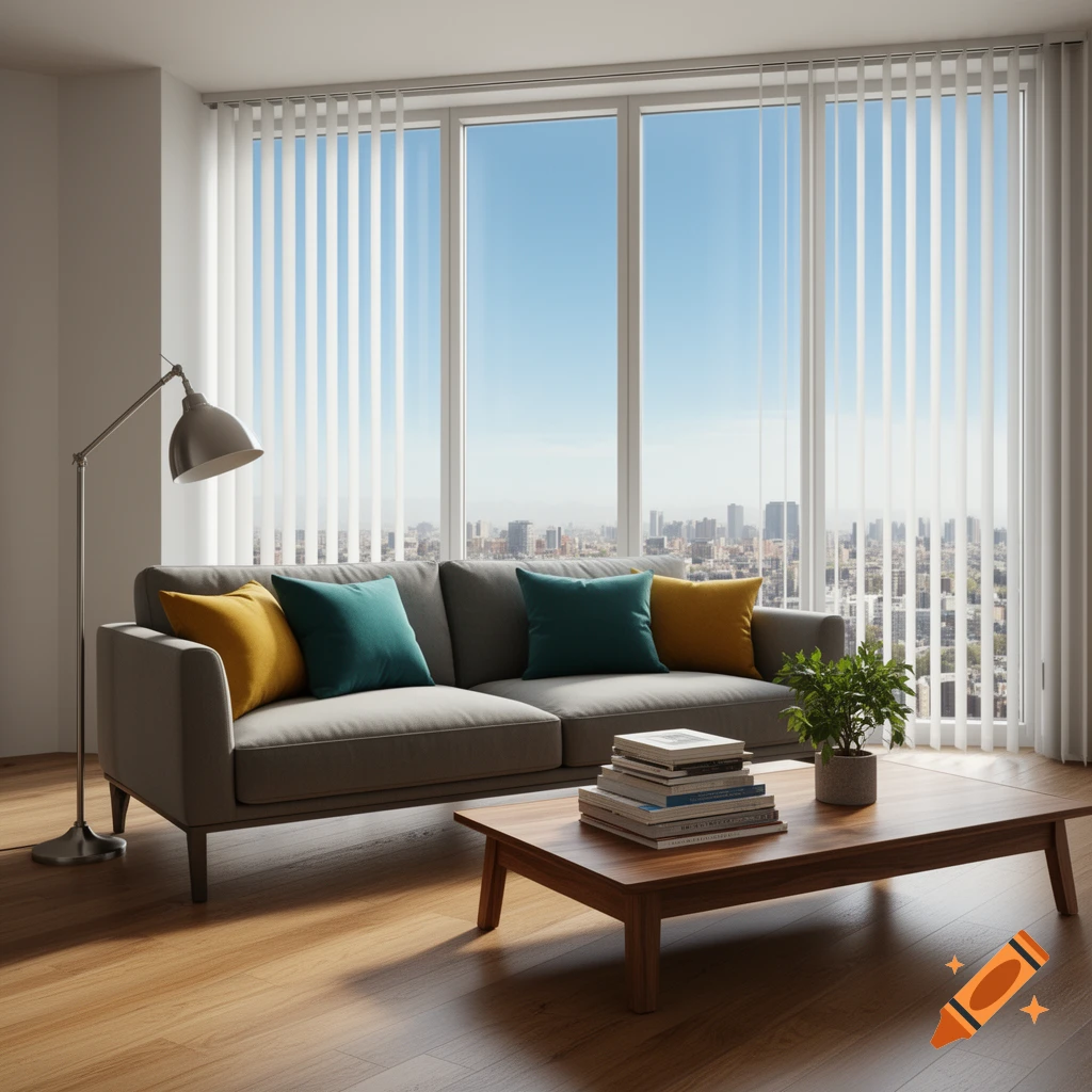 Modern living room with a gray sofa, colorful pillows, floor lamp, coffee table with books and a plant, overlooking a city skyline.