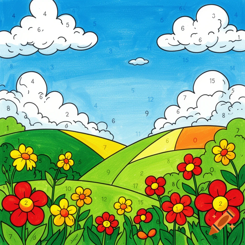 A vibrant cartoon landscape designed as a paint-by-numbers picture, featuring green rolling hills, a bright blue sky with white clouds, and numerous red and yellow flowers with visible numbers indicating color areas.