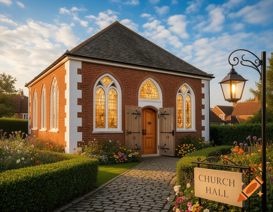 A quaint brick church hall with arched stained glass windows, surrounded by a vibrant flower garden under a sunny blue sky.