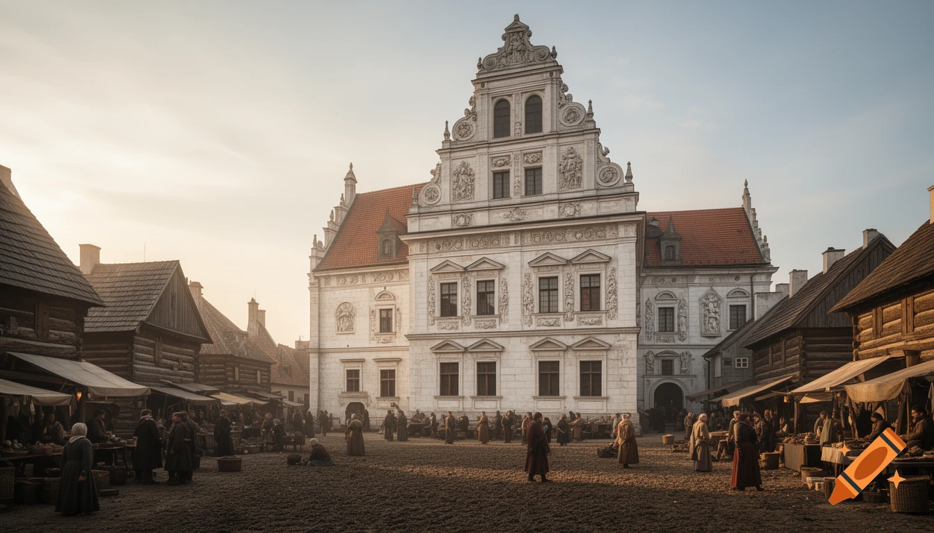 A bustling historical market square in 17th-century Poland, featuring a grand white Renaissance palace and wooden houses under golden hour light.