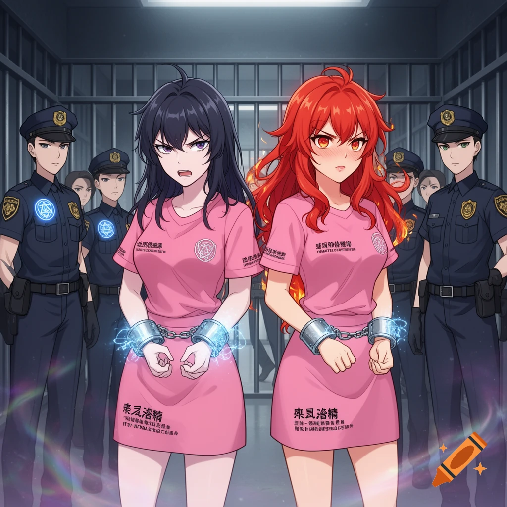 Two anime girls with dark and red hair, wearing pink prison dresses and glowing handcuffs, stand in a jail cell with male police officers.