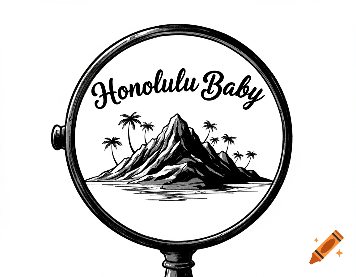 Black and white cartoon illustration of a tropical island with text 'Honolulu Baby' seen through a magnifying glass.