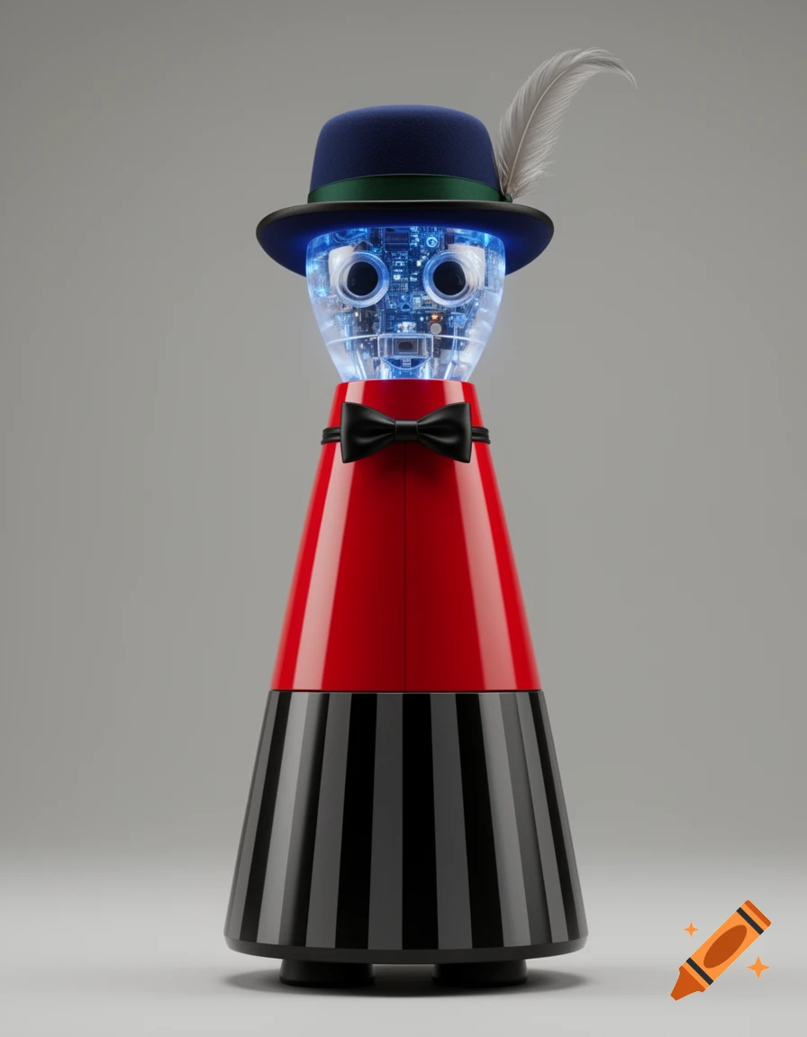A conical robot with a clear, glowing blue head, wearing a blue hat with a feather and a black bow tie. Its body is red and black striped.