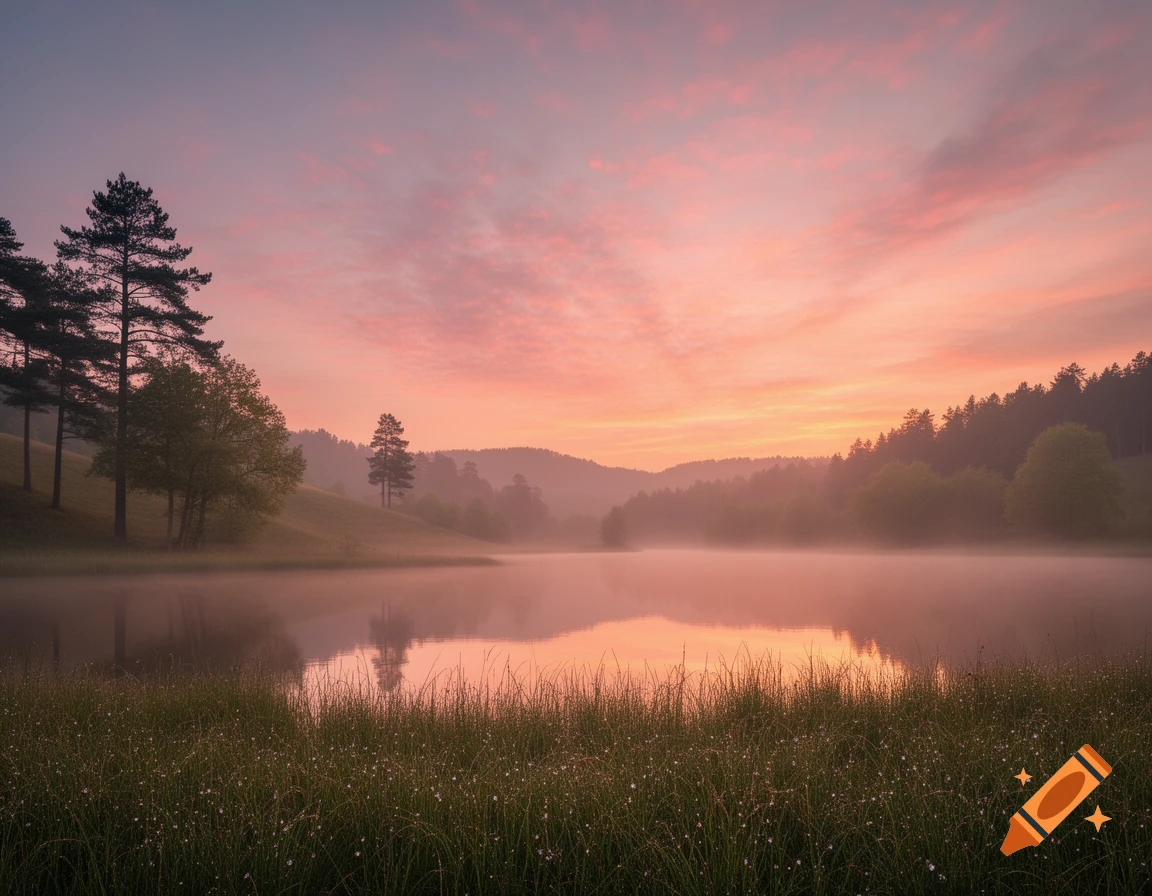 A misty lake at sunrise reflecting vibrant pink and orange skies, surrounded by trees on rolling hills and dewy grass.