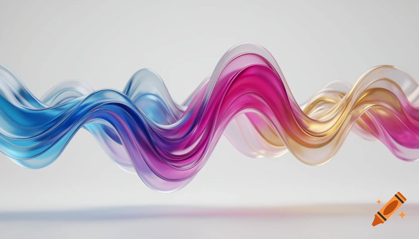 3D fluid wave with blue, magenta, pink, and gold translucent colors flowing across a clean white background.
