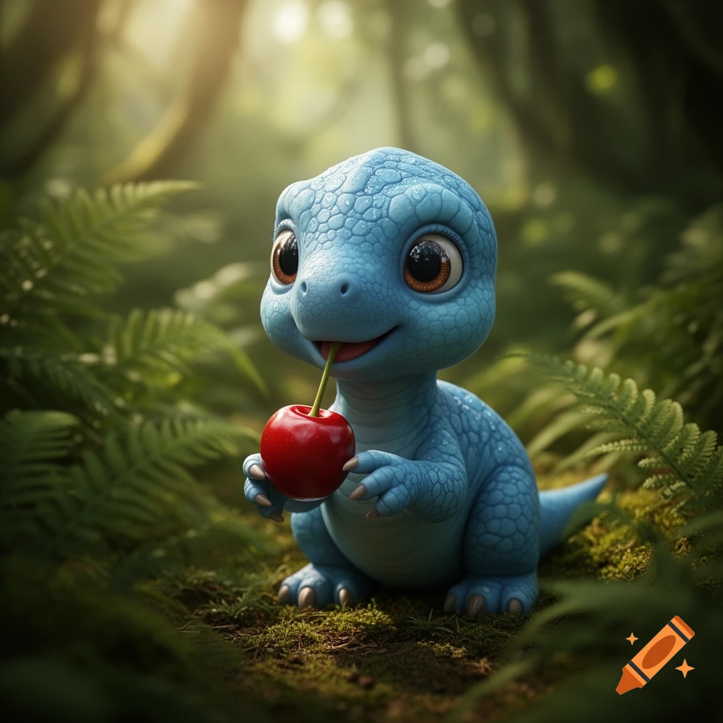 A cute, cartoon baby blue dinosaur with big eyes holds and eats a red cherry in a vibrant, sunlit forest.