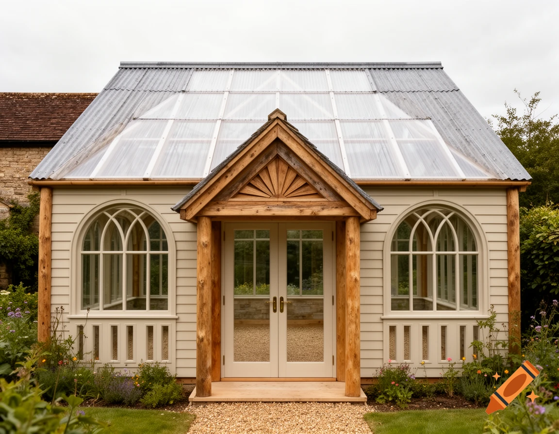 A photorealistic image of a gabled greenhouse or orangery with rustic timber posts, arched windows, and a clear and tin roof, surrounded by a cottage garden.
