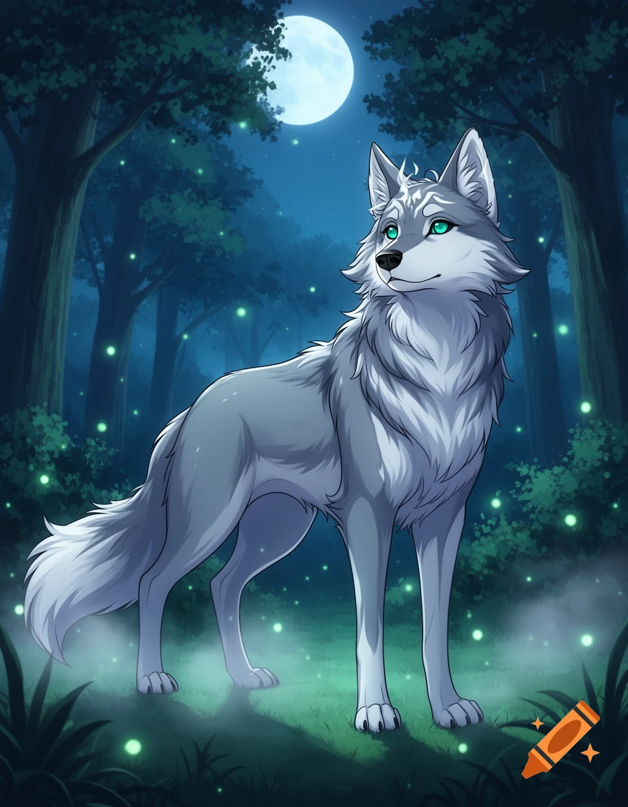 A stylized anime-style grey furry wolf with bright green eyes stands in a dark forest under a full moon, with glowing fireflies.