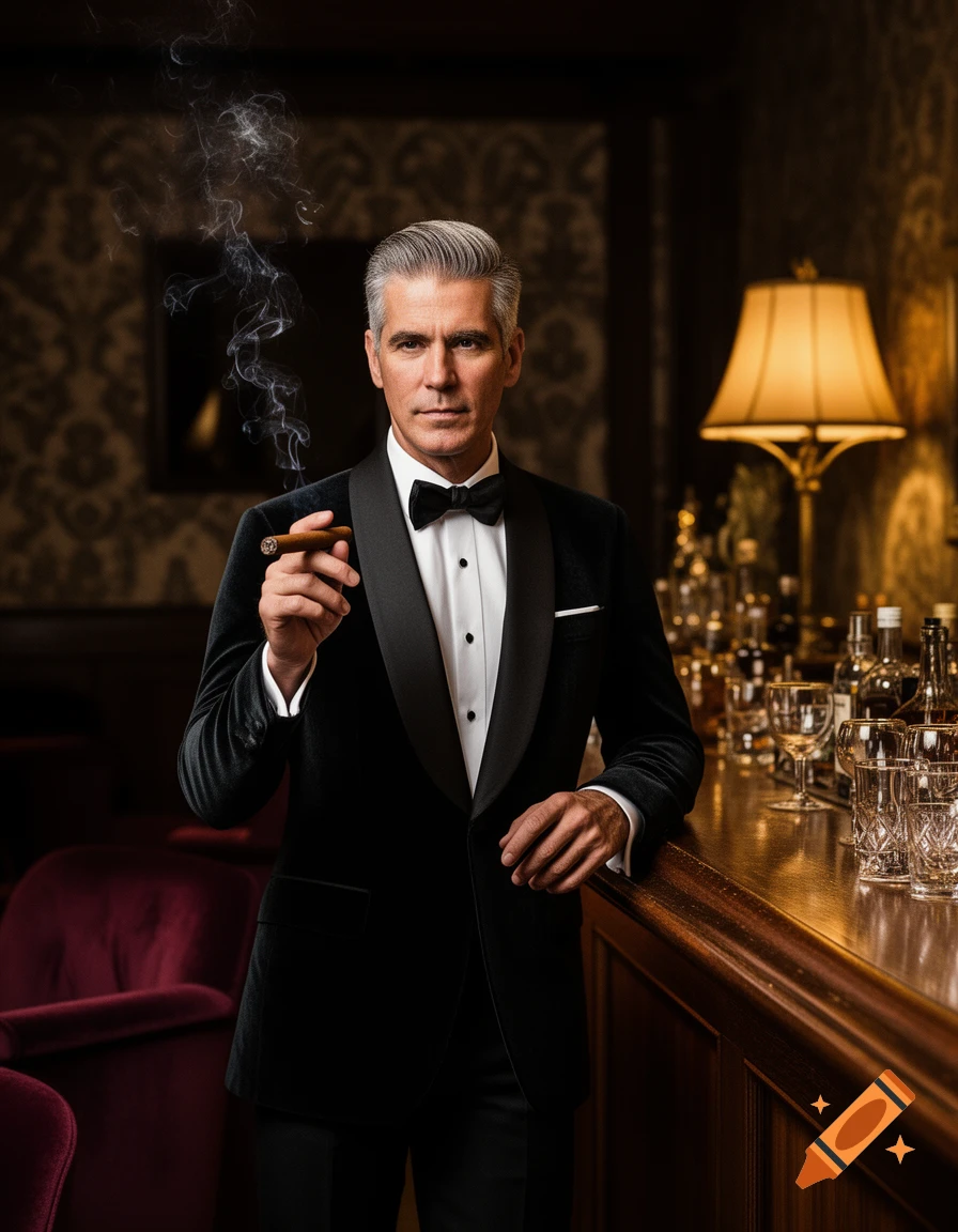 A distinguished man in a black velvet tuxedo and bow tie smokes a cigar, leaning on a wooden bar in a dimly lit, luxurious room.