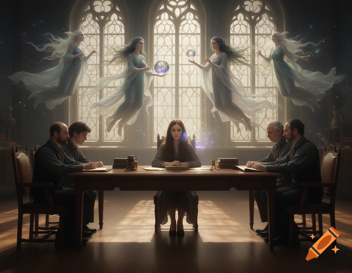 A girl and four men sit at a long table in a gothic hall. Four ethereal women with flowing robes float above, one holding a glowing orb.