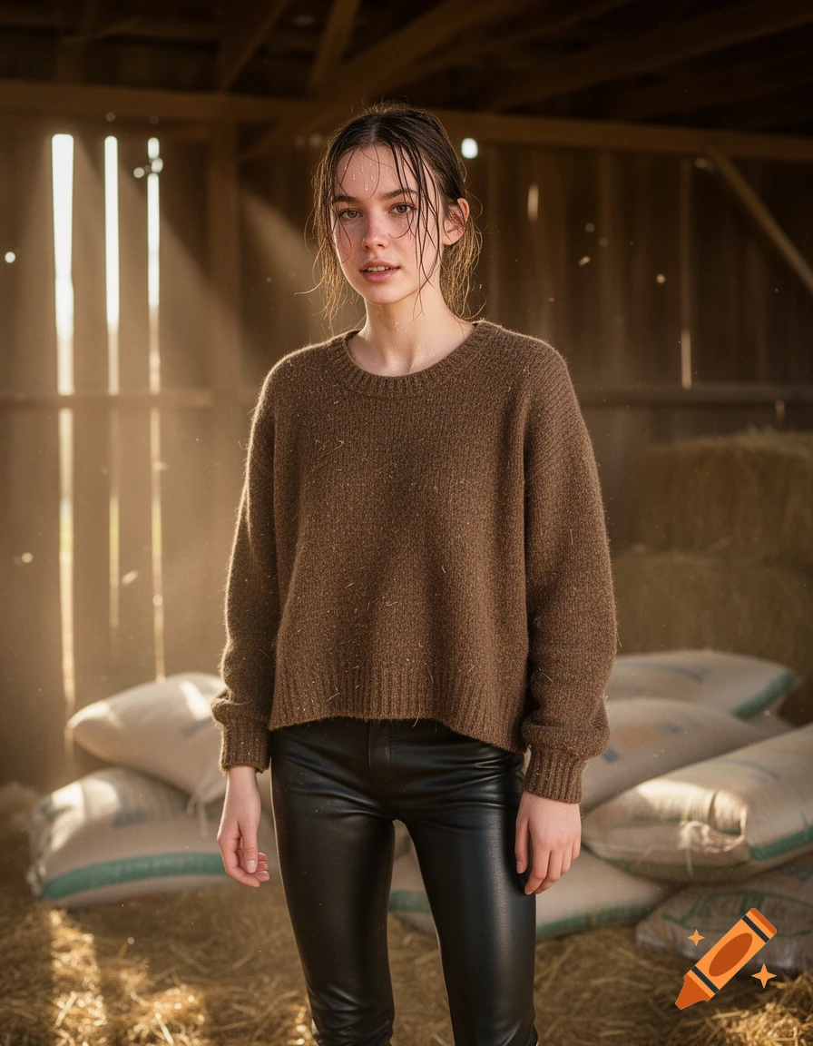 A hyperrealistic portrait of a young woman with wet, messy hair, wearing a brown wool sweater and black leather pants, standing in a dusty wooden barn with light rays.